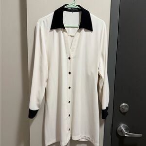 Zara Cream and Black Long Sleeve Shirt Dress